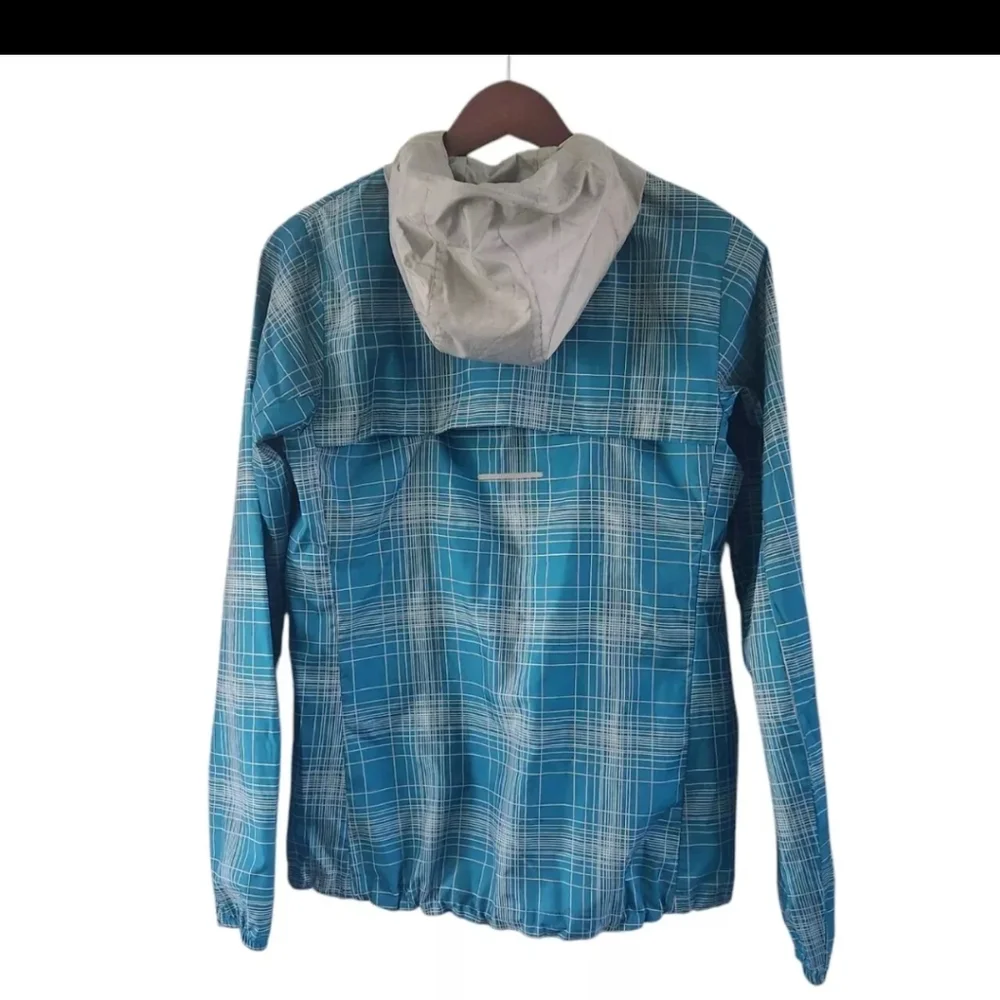 NIKE Plaid Phenom Vapor Hooded Windbreaker Running Jacket Blue Women Sz Small - Picture 5 of 7